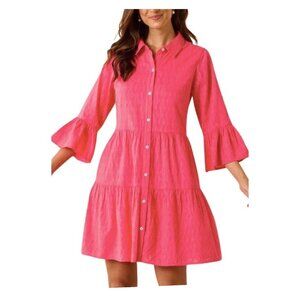 Tommy Bahama Bell Sleeve Coral Cotton Clip Jacquard Tiered Shirt Dress Size L